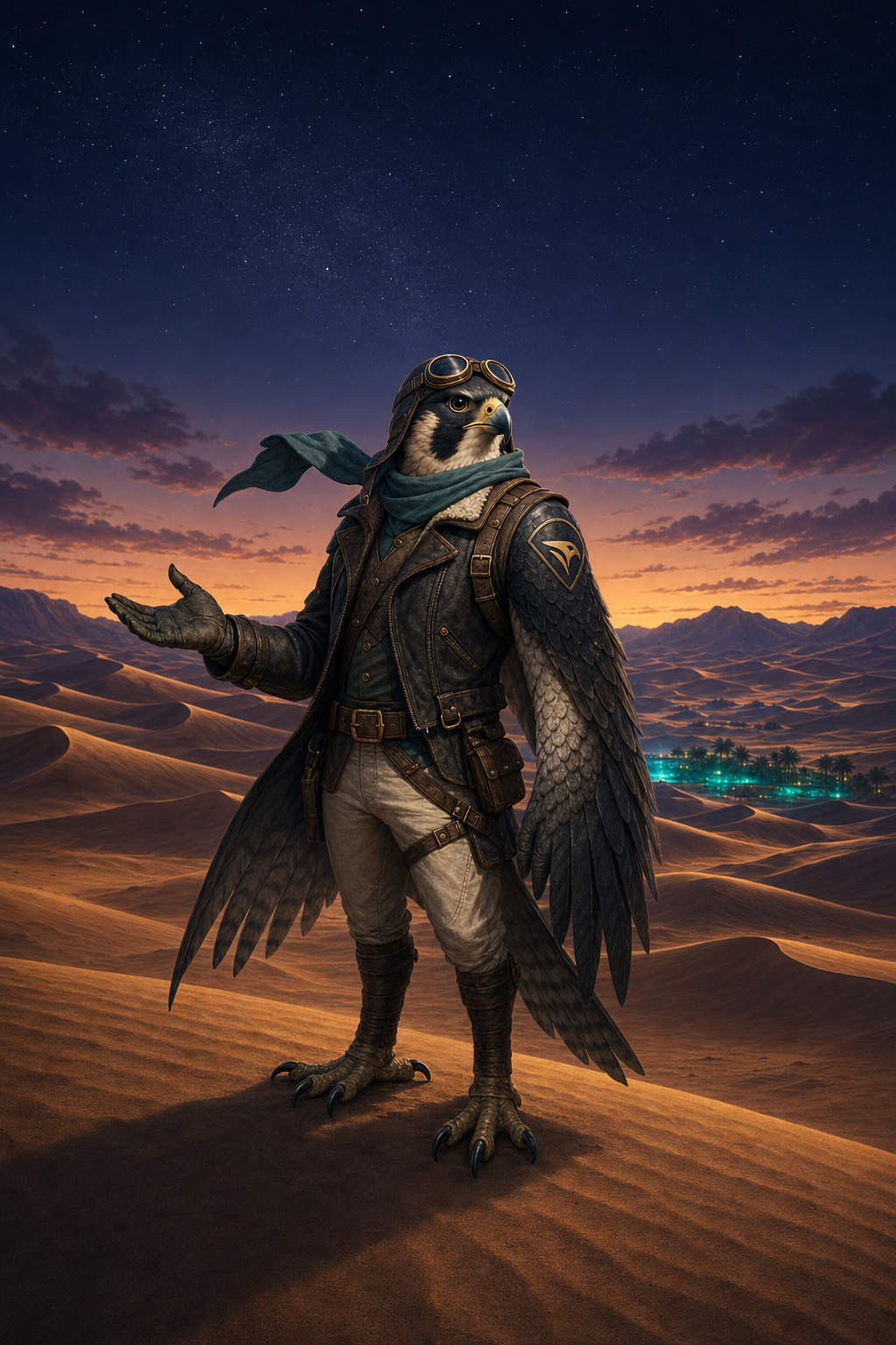 Falcon mascot in an aviator scarf welcoming players
