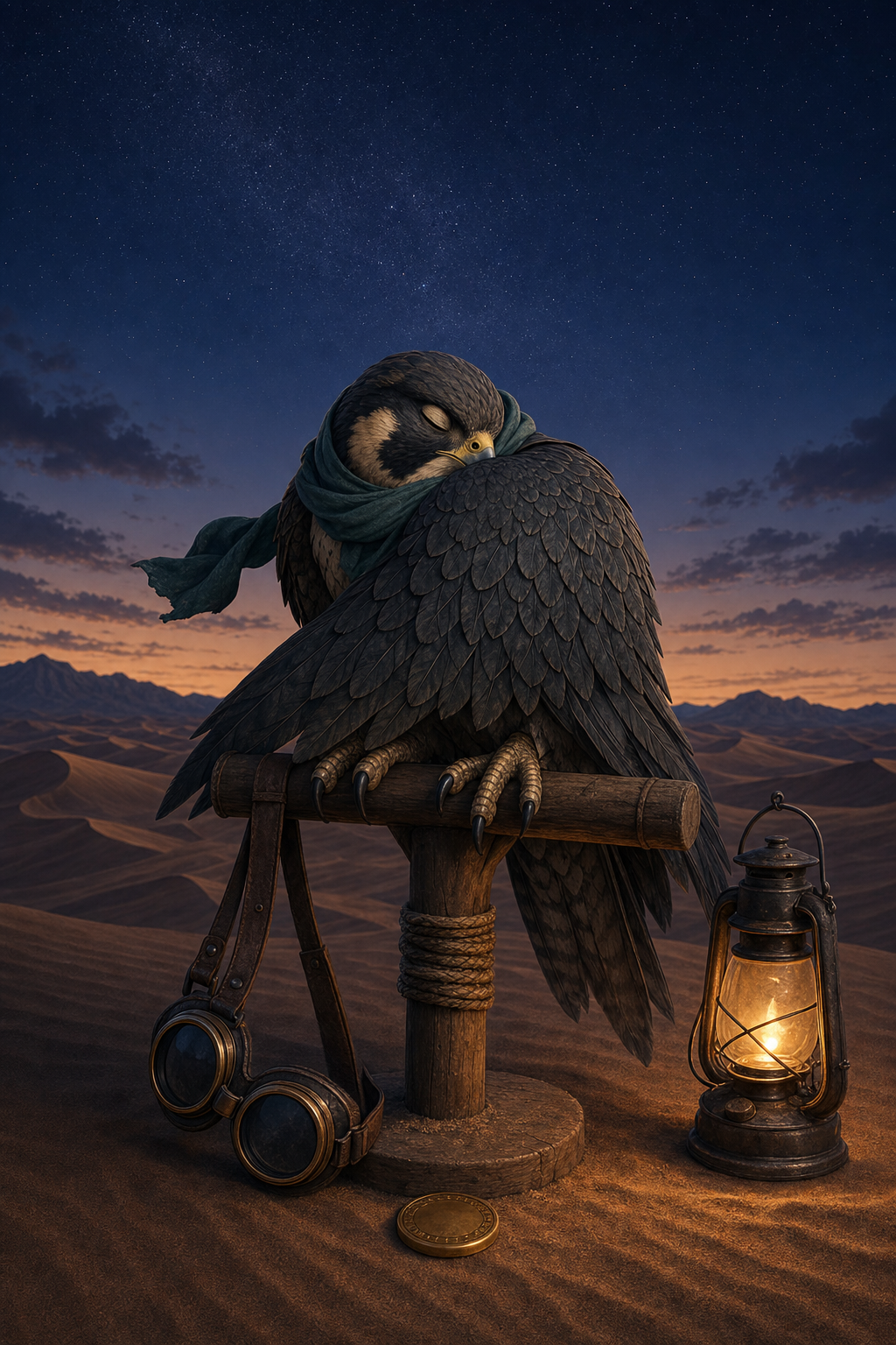 Falcon mascot resting on a perch until the next daily bonus